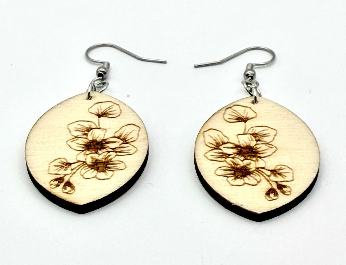 Wood Oval with Engraved Poppy Design Earrings - Stella Luca Creations