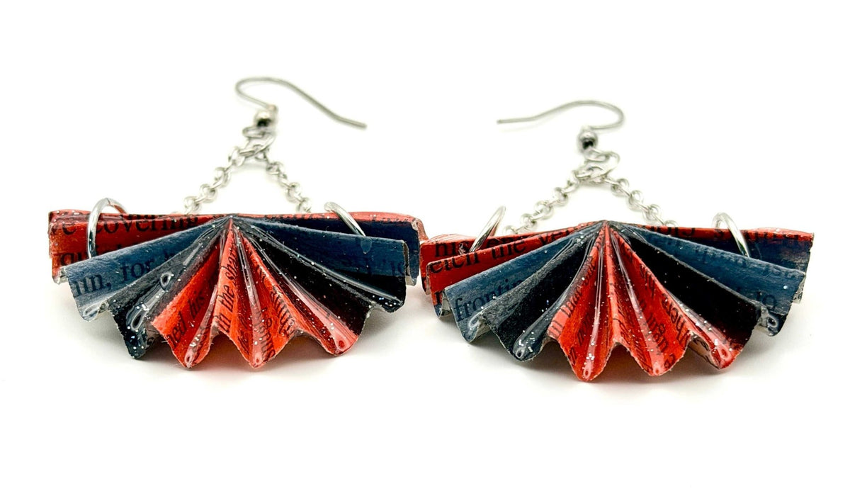 Red Statement Fan Earrings- Made from Upcycled Book Pages - Stella Luca Creations