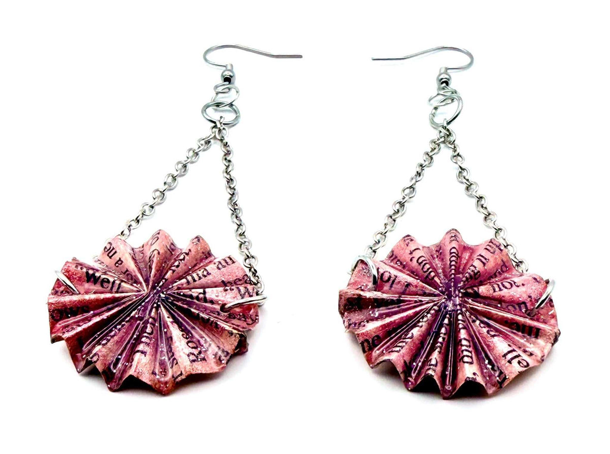 Pink Upcycled Book Page Chain Statement Earrings - Stella Luca Creations