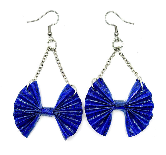 Blue Upcycled Book Page Bow Statement Earrings - Stella Luca Creations