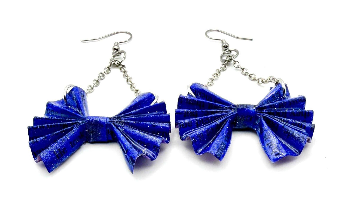 Blue Upcycled Book Page Bow Statement Earrings - Stella Luca Creations