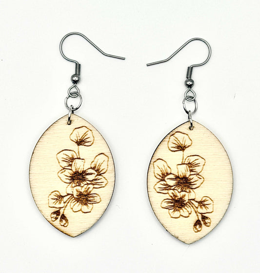 Wood Oval with Engraved Poppy Design Earrings - Stella Luca Creations