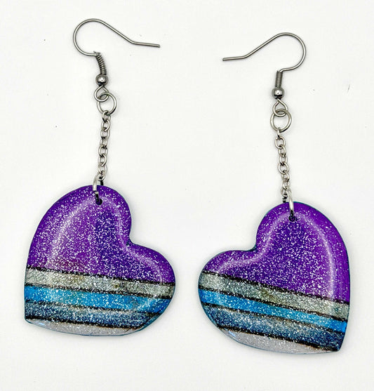 Sparkling Purple Heart Earrings- Hand painted Design - Stella Luca Creations