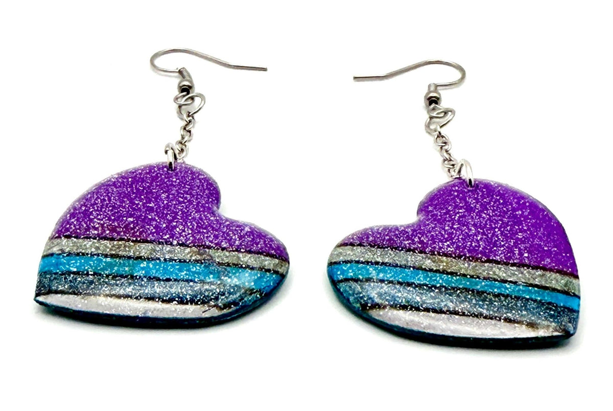 Sparkling Purple Heart Earrings- Hand painted Design - Stella Luca Creations