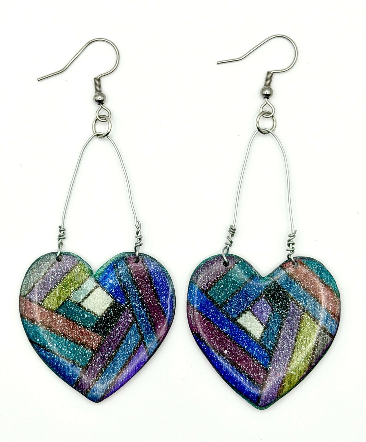 Multi-Colored Sparkling Heart Earrings- Hand painted design - Stella Luca Creations