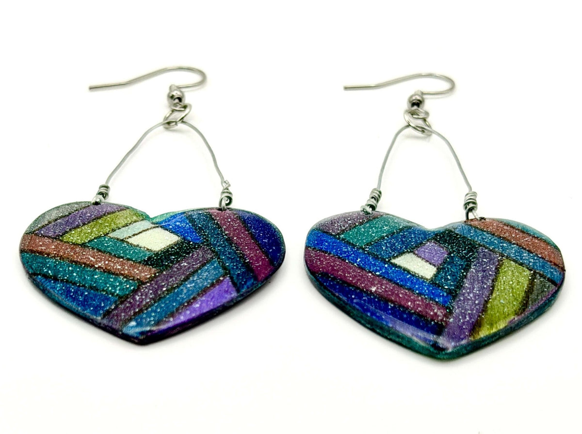 Multi-Colored Sparkling Heart Earrings- Hand painted design - Stella Luca Creations