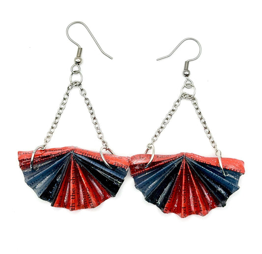 Red Statement Fan Earrings- Made from Upcycled Book Pages - Stella Luca Creations