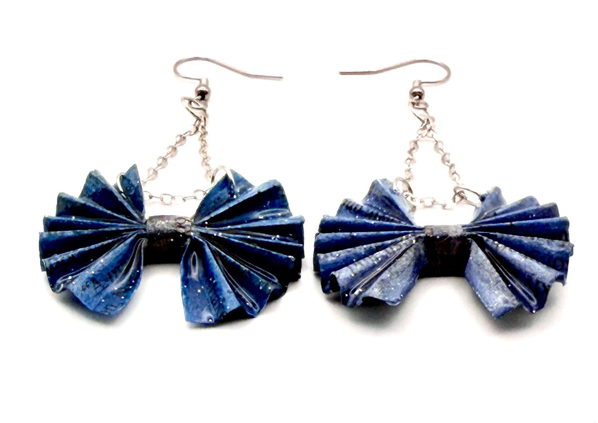 Blue Bow Page Earrings-Made from Upcycled Book Pages - Stella Luca Creations